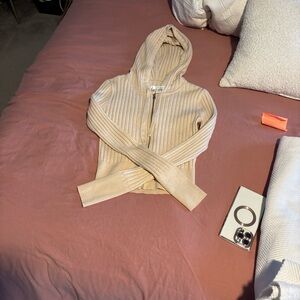 Aerie Cream Ribbed Zip-Up Hoodie